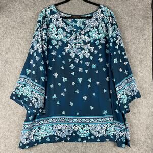 Bob Mackie Wearable Art Tunic Top Womens 3X Plus Blue Floral Lightweight Artsy